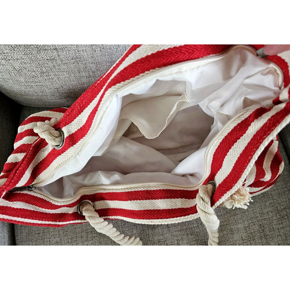 Weekender Beach Red Cream Striped Tote Bag Rope Handle 19in x 14.5in Nautical - Picture 6 of 10